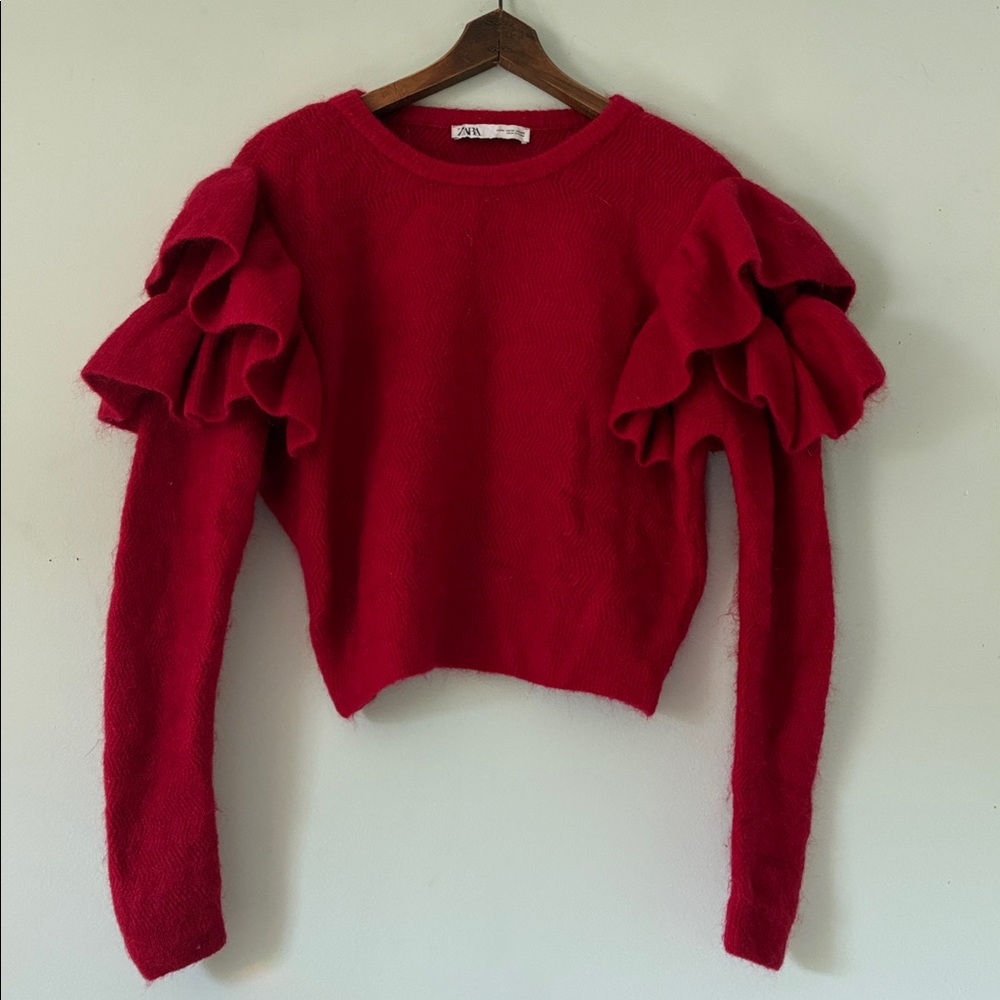 Zara Vibrant Red Ruffle Crop Sweater - Medium